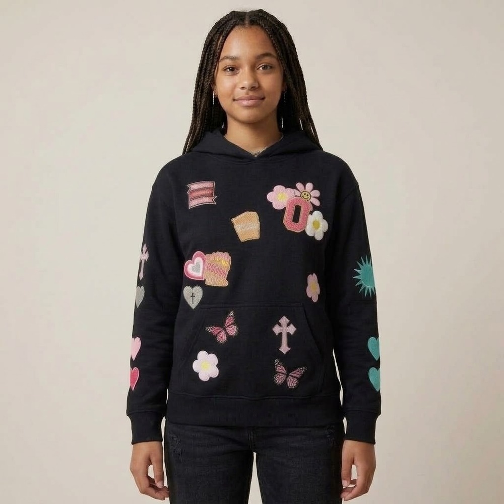 Girls XL 16/18 Black Hoodie Patch Embroidered Flowers Butterfly Cross Graphic